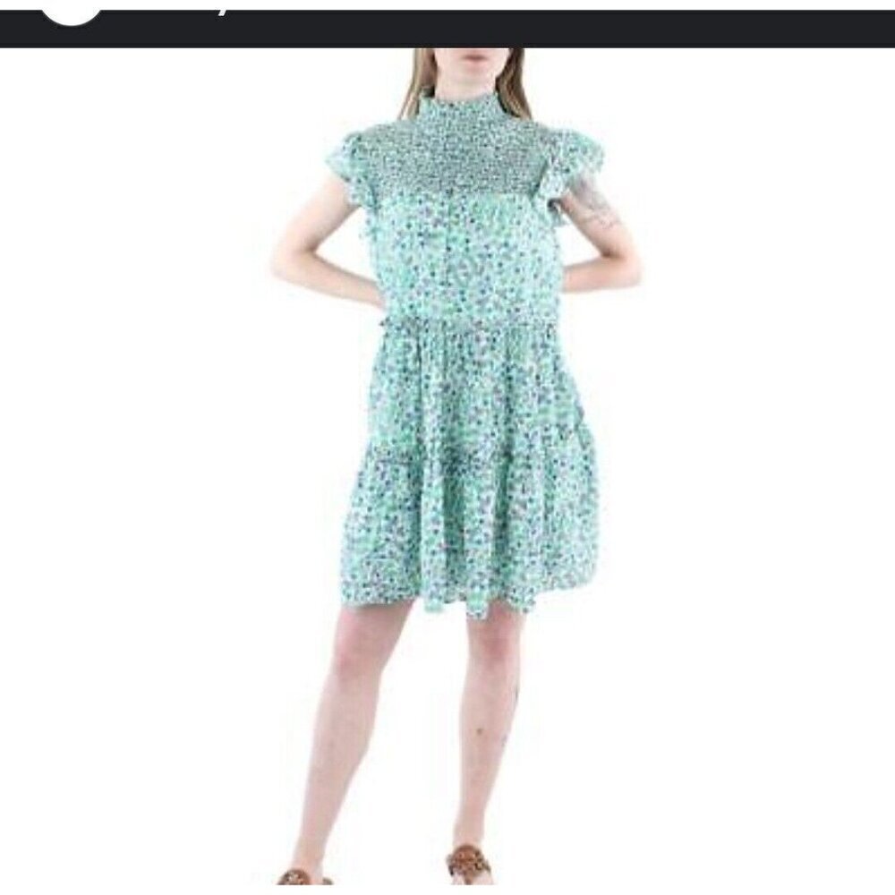 Gabby Skye Green Blue Chiffon Floral Print Ruffled Tiered Short Dress Size 12